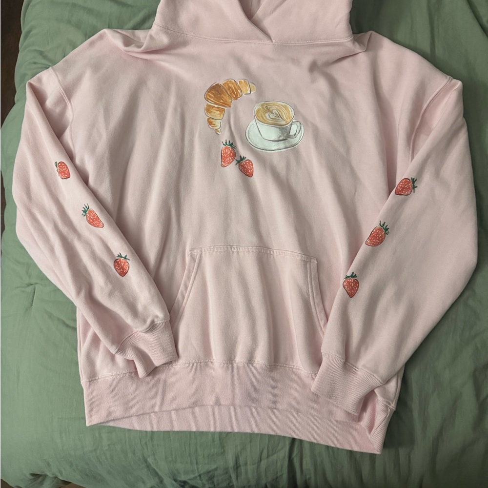Hollister Pink Hoodie with Coffee and Strawberry Design